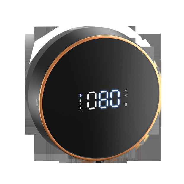 Round black digital thermometer with temperature display, featuring a sleek design and large LED screen.